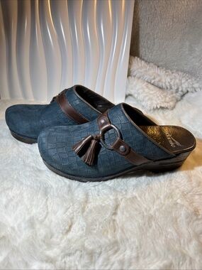 DANKSO Blue / Brown Reptile Embossed Suede Leather Tassel Clogs Mules EU 39